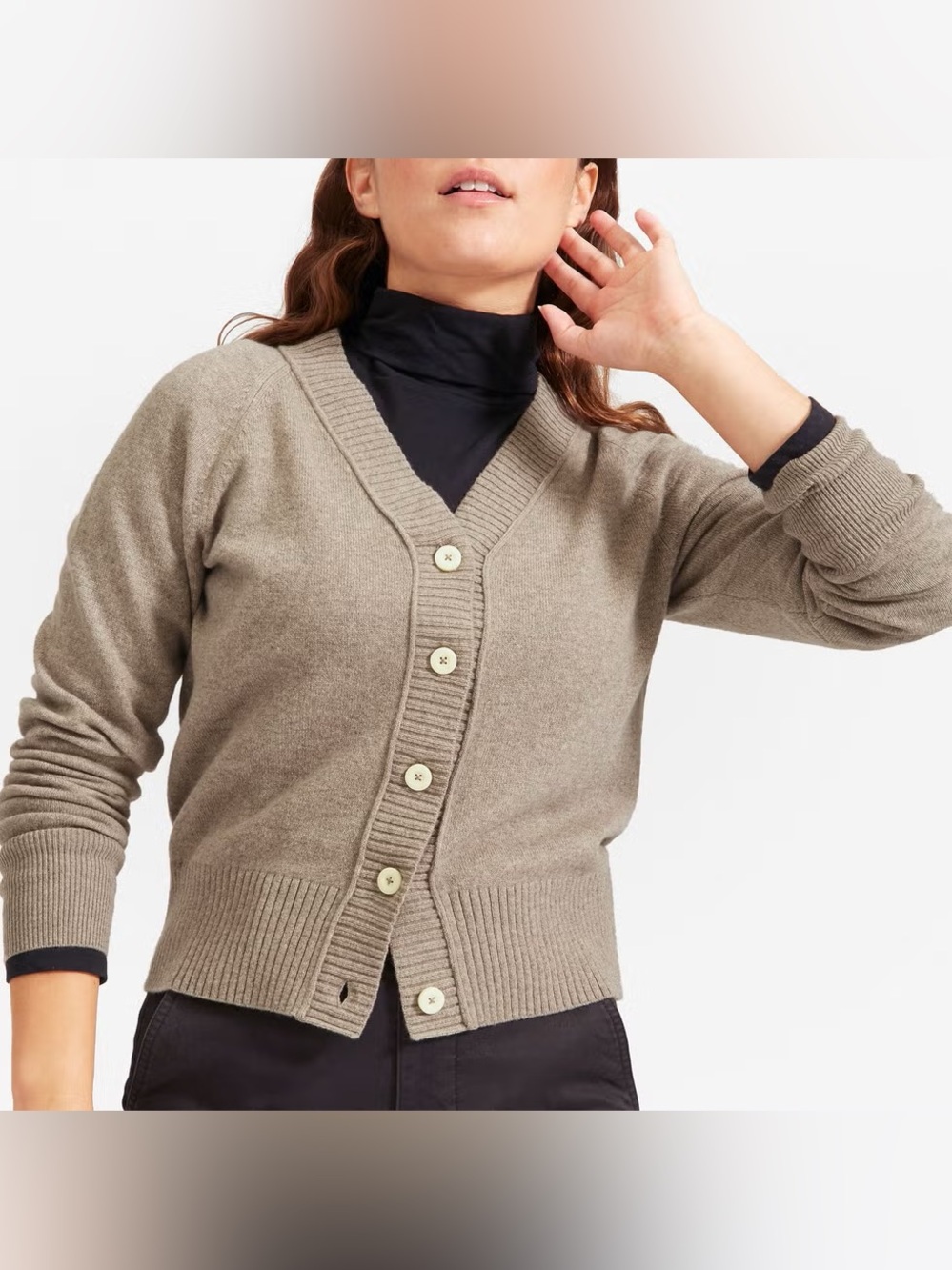 Everlane ReCashmere Wool Taupe V-Neck Button Cardigan Sweater Small Classic